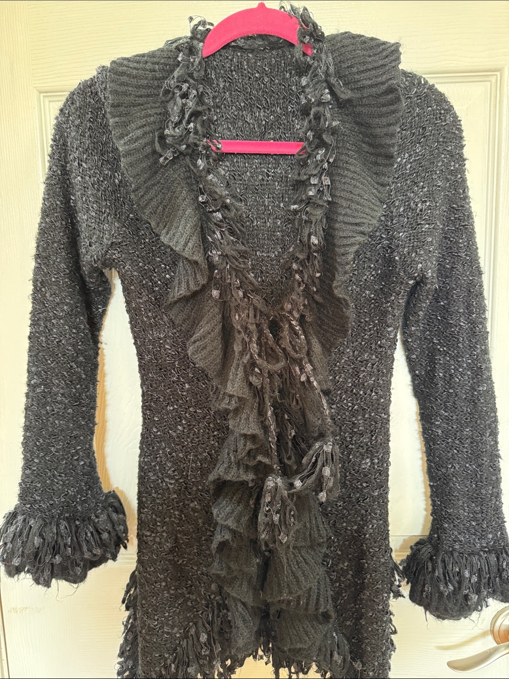 Women’s Ruffled tie and 3 button Cardigan Sweater - black textured